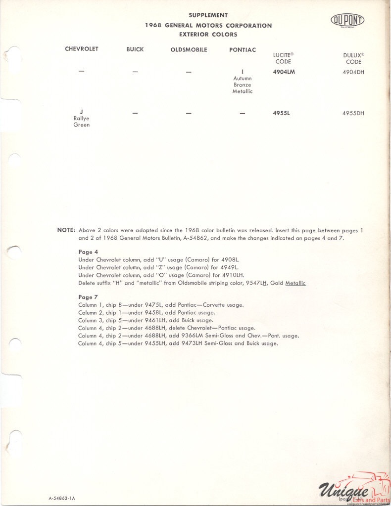 1968 General Motors Paint Charts DuPont 4